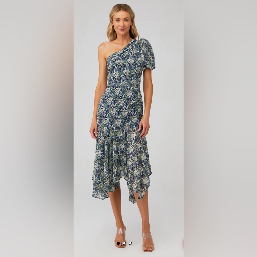 ASTR The Label Santorini XS One Shoulder Floral Midi Dress Blue Green Puff - Picture 2 of 11